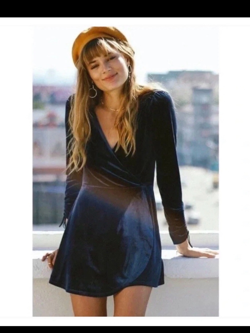 Urban Outfitters Navy Velvet Wrap Dress with Long Sleeves